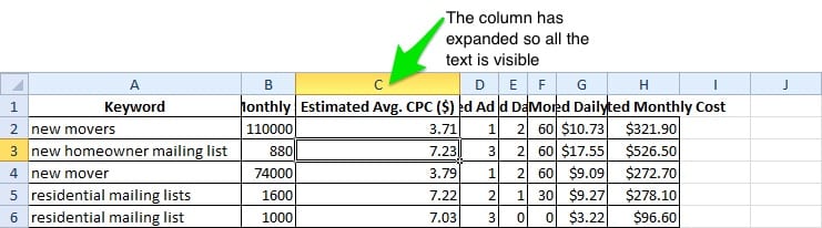 excel resize columns