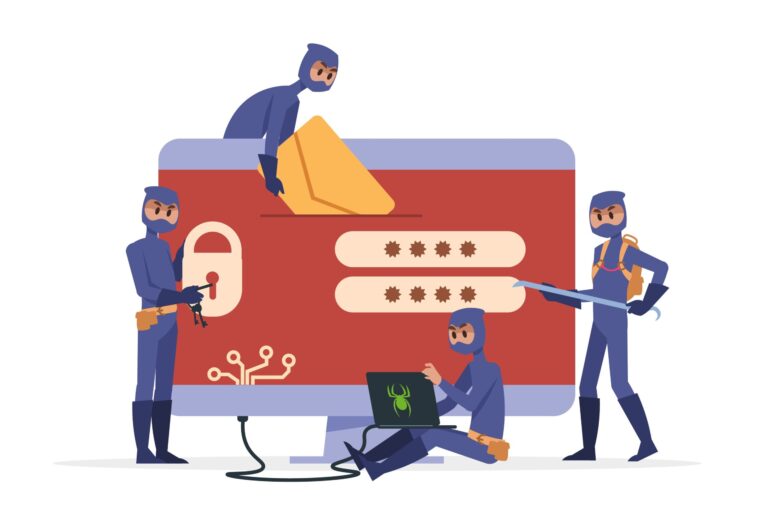 Cartoon of cybercriminals doing common cyber attacks against a computer