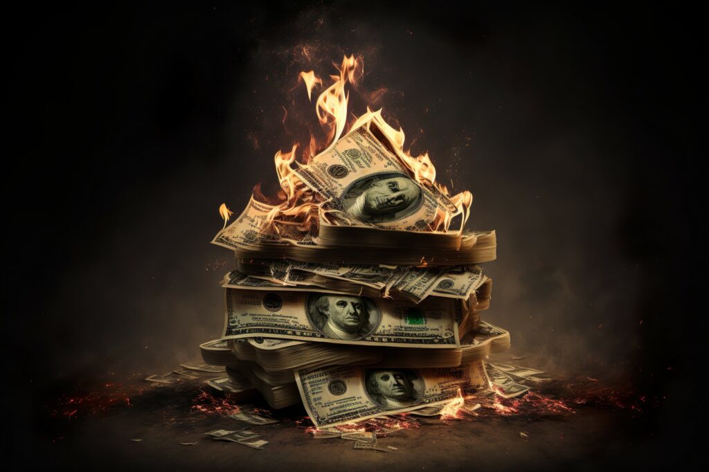 A stack of $100 bills burning in a pyramid shape