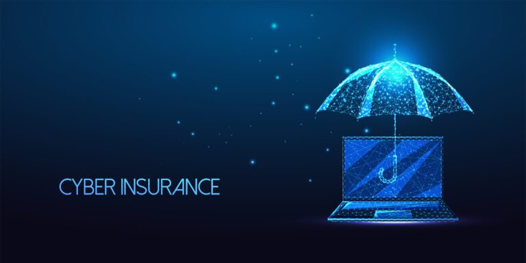A futuristic looking graphic for cyber insurance of a laptop protected by an umbrella.