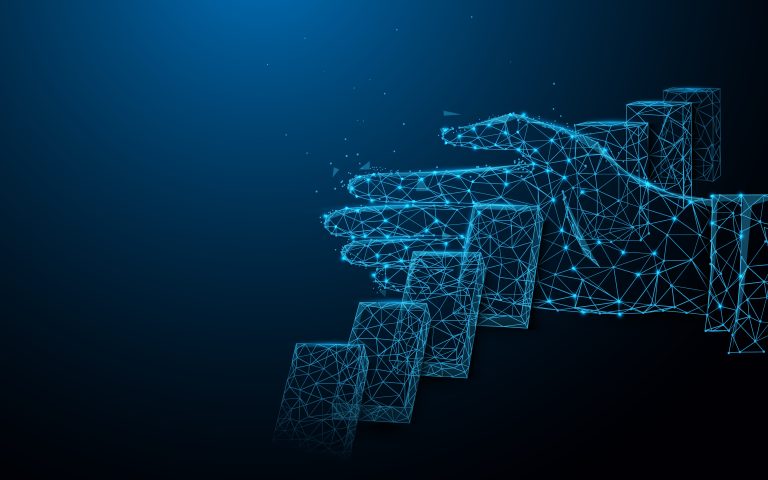 A digital representation of a hand blocking the progress of dominos in a blue line-art style.