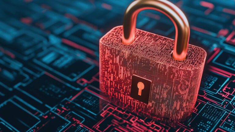 A red padlock on top of a blue circuit board.